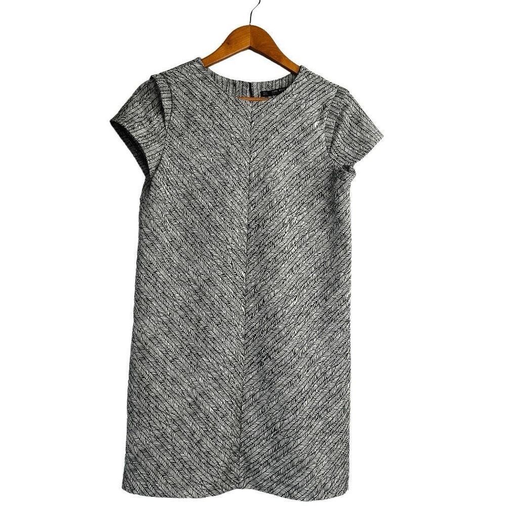 Zara Black Gray Mini Shift Dress w/ Cap Sleeve Feather Design